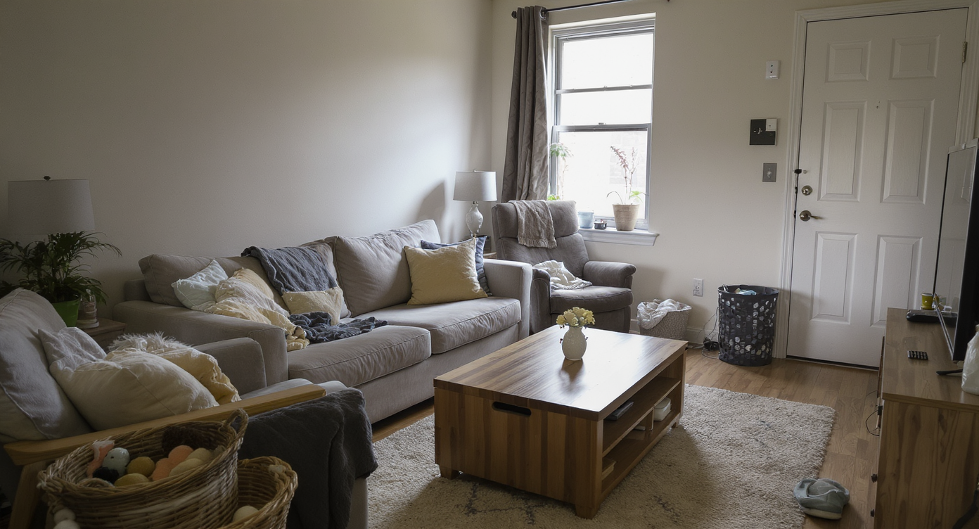 A compact, crowded living room showing an awkward furniture layout, pet items, toys, and minimal open space, capturing a real small home environment.