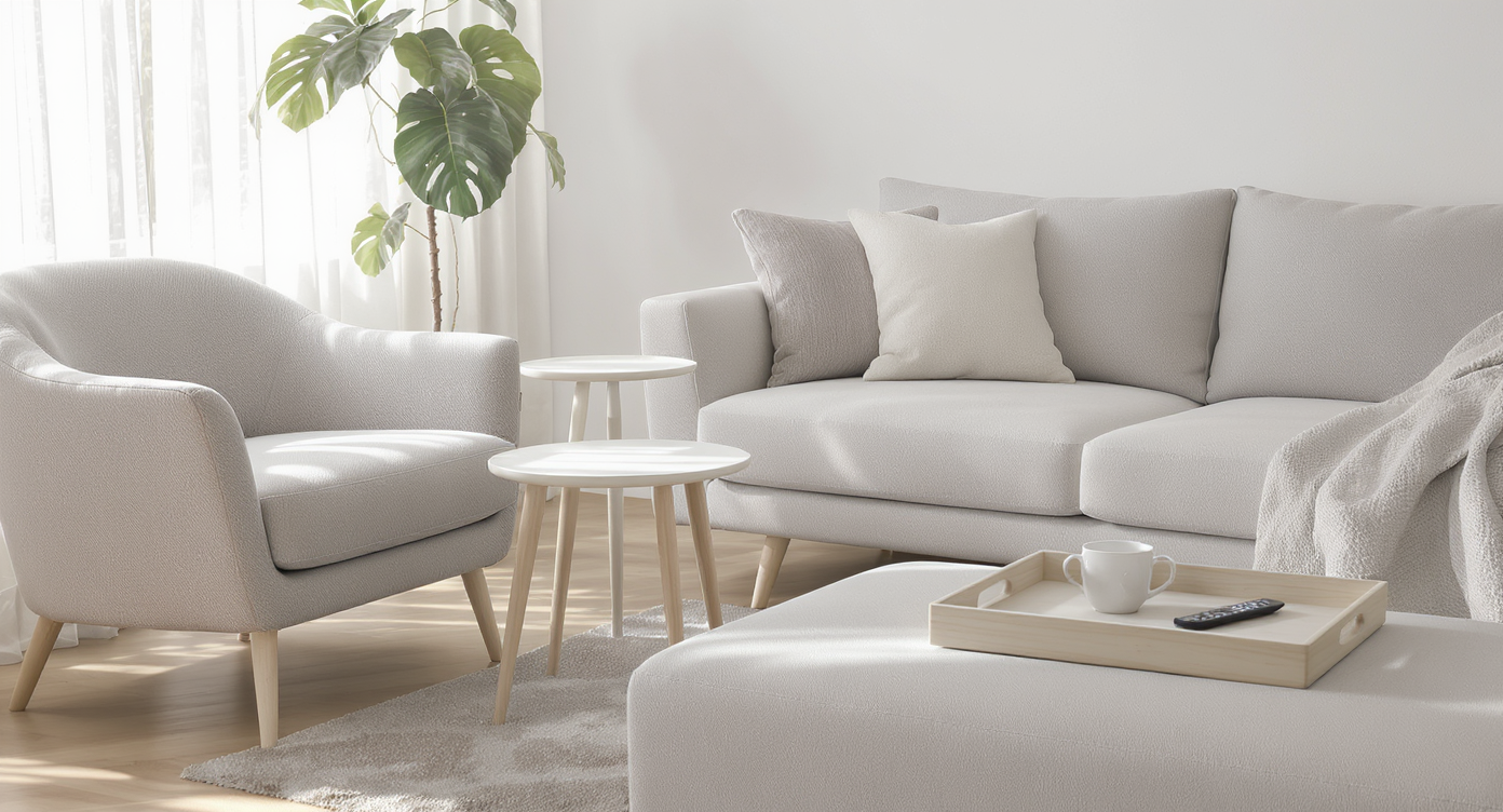 A compact living room featuring slender side tables, a tray on an ottoman, and open walkways, all arranged for flexible, functional use.