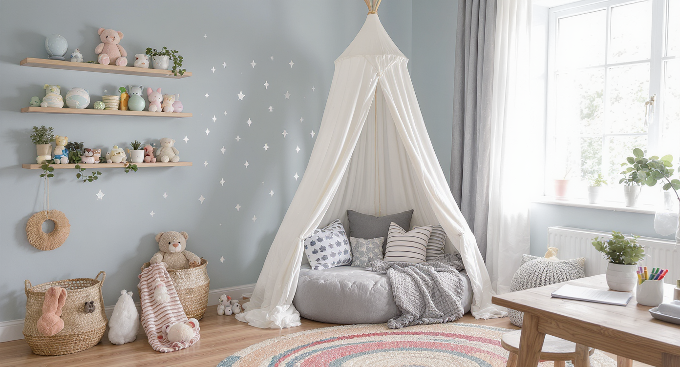 A bright, cheerful kids’ bedroom with pastel walls, geometric decals, a colorful rug, cozy cushions under a fabric canopy, and open shelves displaying toys.
