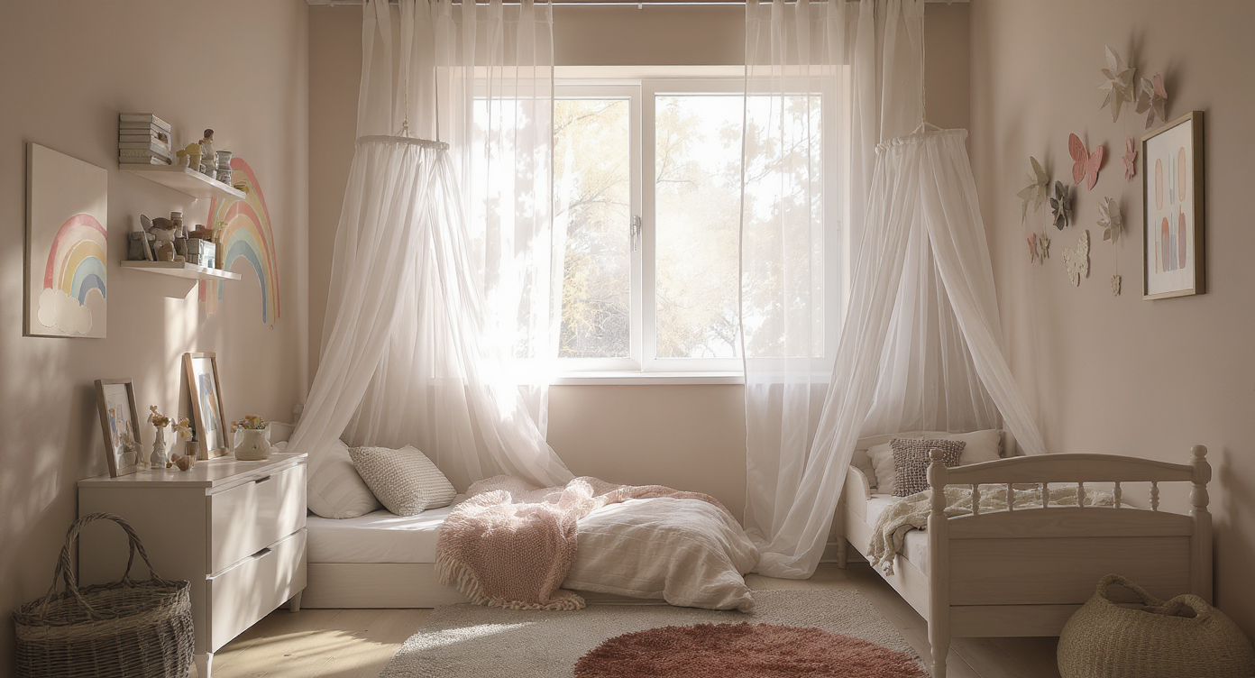 A vibrant children's bedroom with a rainbow mural, sheer canopy, thrifted figurines, and paper crafts under soft, natural light.