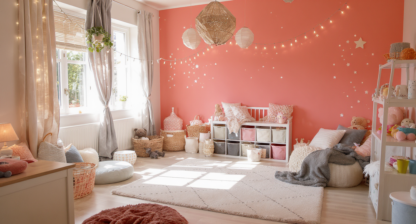 Photorealistic kids’ room with a bold painted accent wall, cozy plush rug, whimsical fairy lights and wall decals, plus layered textures.