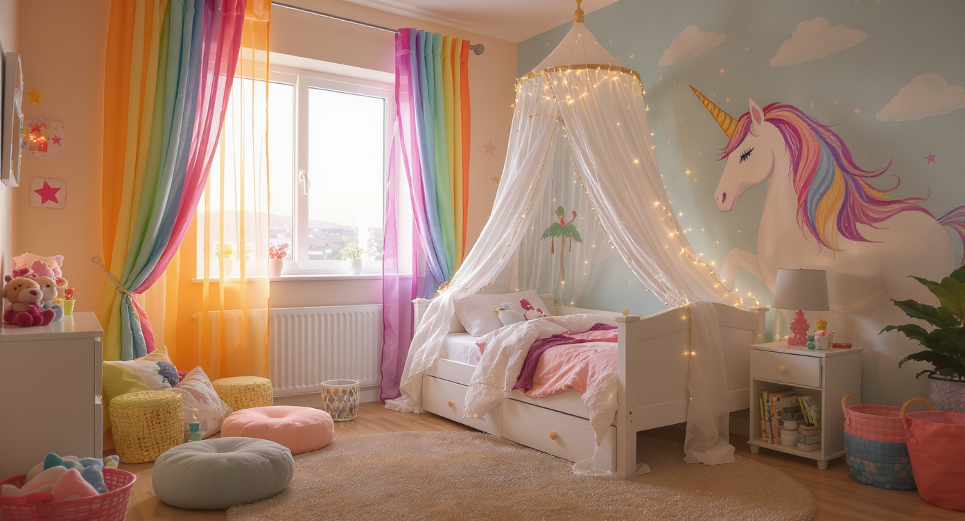 A bright, inviting children’s room with a unicorn mural, canopy bed, rainbow curtains, fairy lights, cozy reading nook, and baskets of toys.