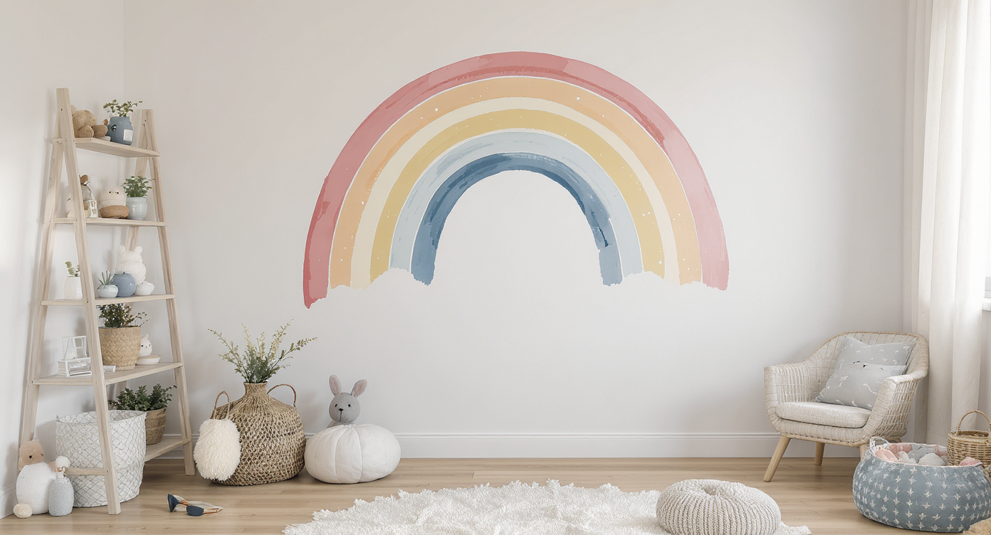 Children’s room with a hand-painted rainbow mural accent wall, colorful reading nook, vibrant bedding, and cheerful accessories in natural light.