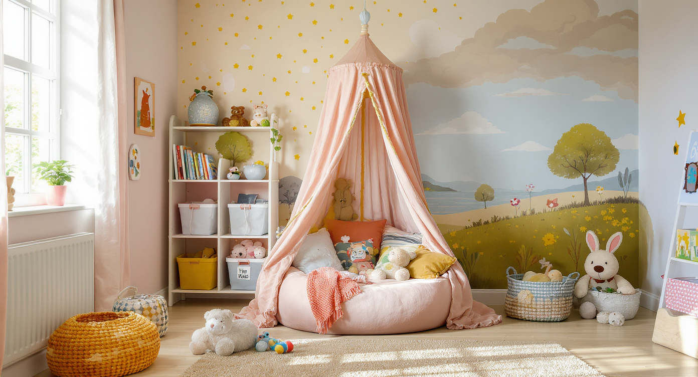 A colorful and adaptable children's room with a reading nook canopy, movable wall decals, open shelves, colorful bins, and a hand-painted mural.