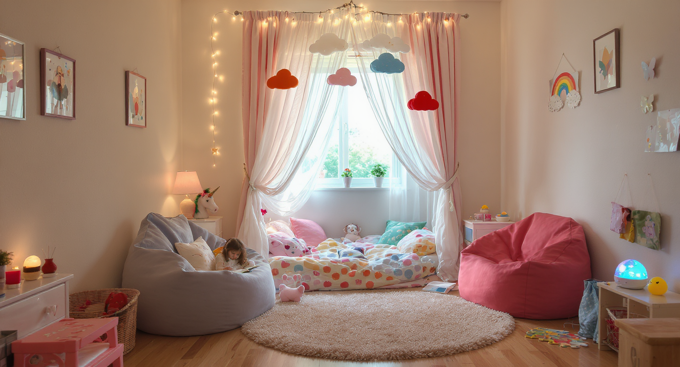 Cozy children's room corner with plush rug, layered bedding, sheer handmade canopy with felt shapes, whimsical curtains, fairy lights, and thrifted decor.