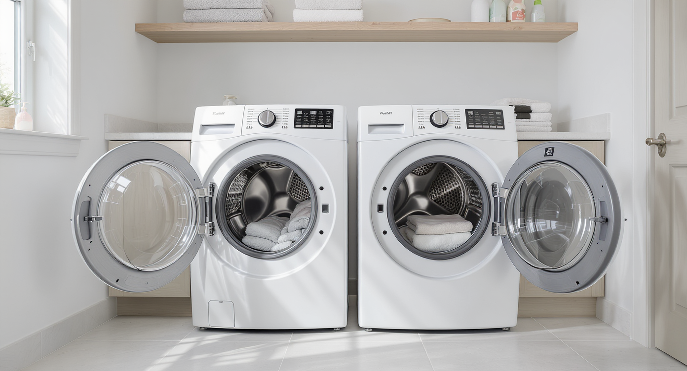 Modern laundry room with both front-loading and top-loading washers and dryers, open doors revealing laundry inside, natural lighting and realistic details.