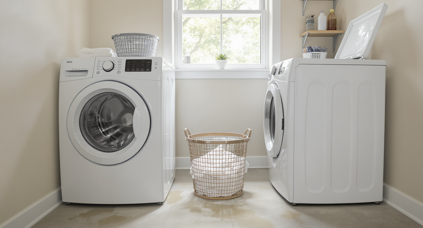 Laundry room with a front load washer and a top load washer side by side, lid open on top loader, cleaning supplies nearby, natural daylight.