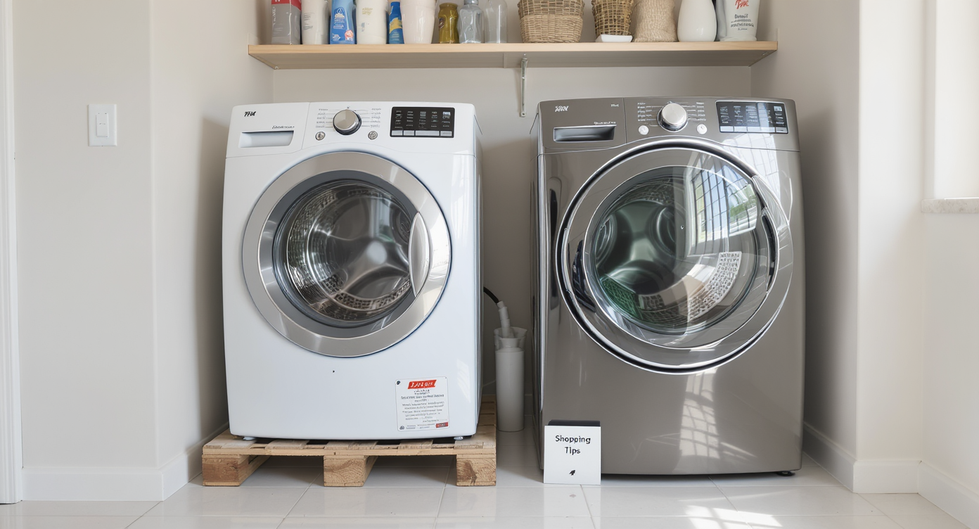 Two washing machines in a bright laundry display, one basic open-box top-loader beside a premium showroom front-loader, evoking budget-conscious shopping.