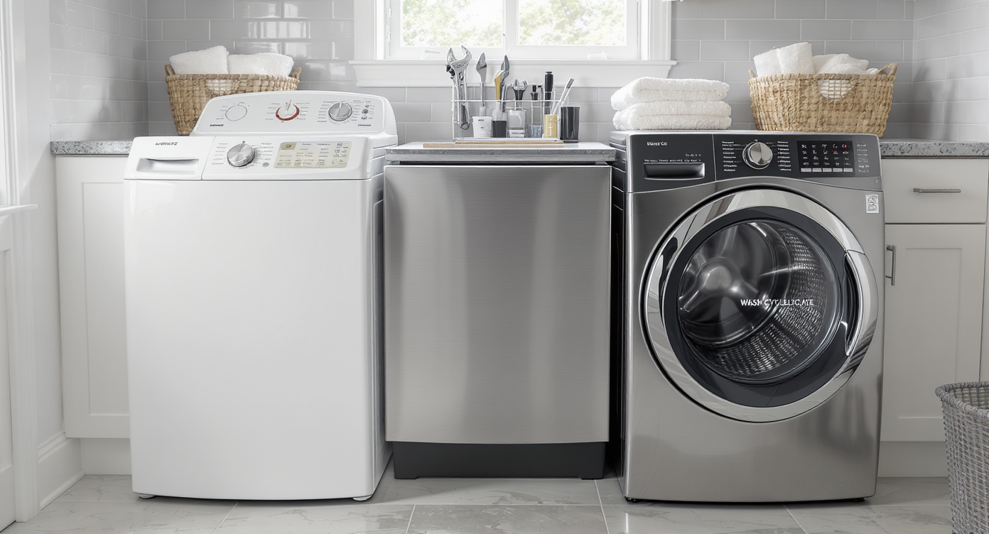Side-by-side view of a basic top-load washer beside a high-end front-load washer in a tidy, natural-lit laundry room with repair tools displayed between them.