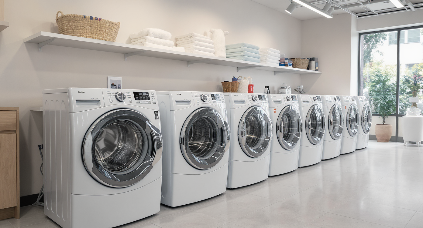 A modern showroom with rows of different washer and dryer models, clearly showing their varied designs and features under natural lighting.