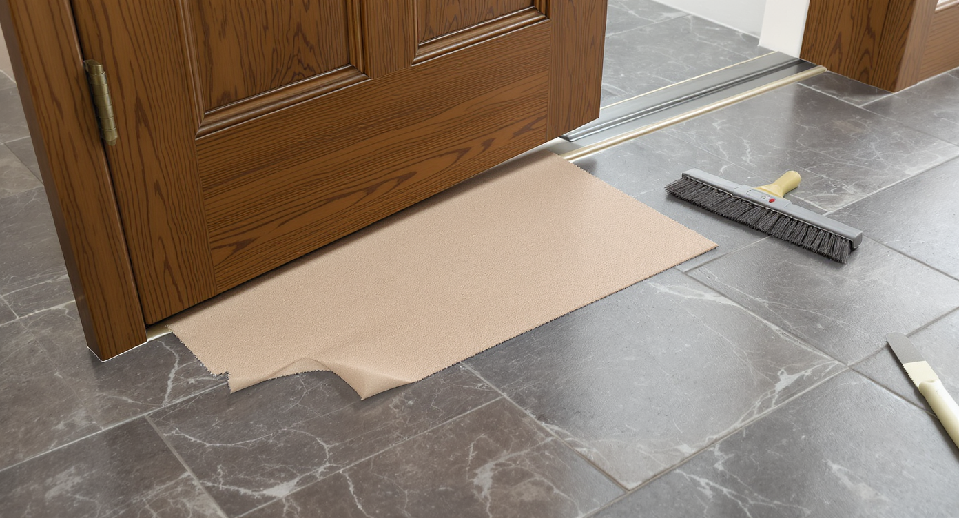 A slate tile entryway with one raised tile, an ajar wooden door, sandpaper on the tile, and tools like a rotary tool and door sweep nearby.