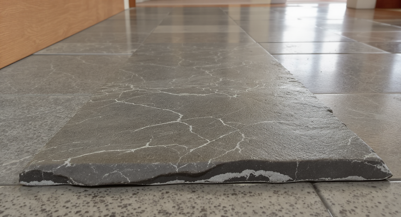 Close-up of a high spot on a slate tile floor, with chipped edges, a grinder nearby, and chalky shaved area highlighting slate’s layered brittleness.