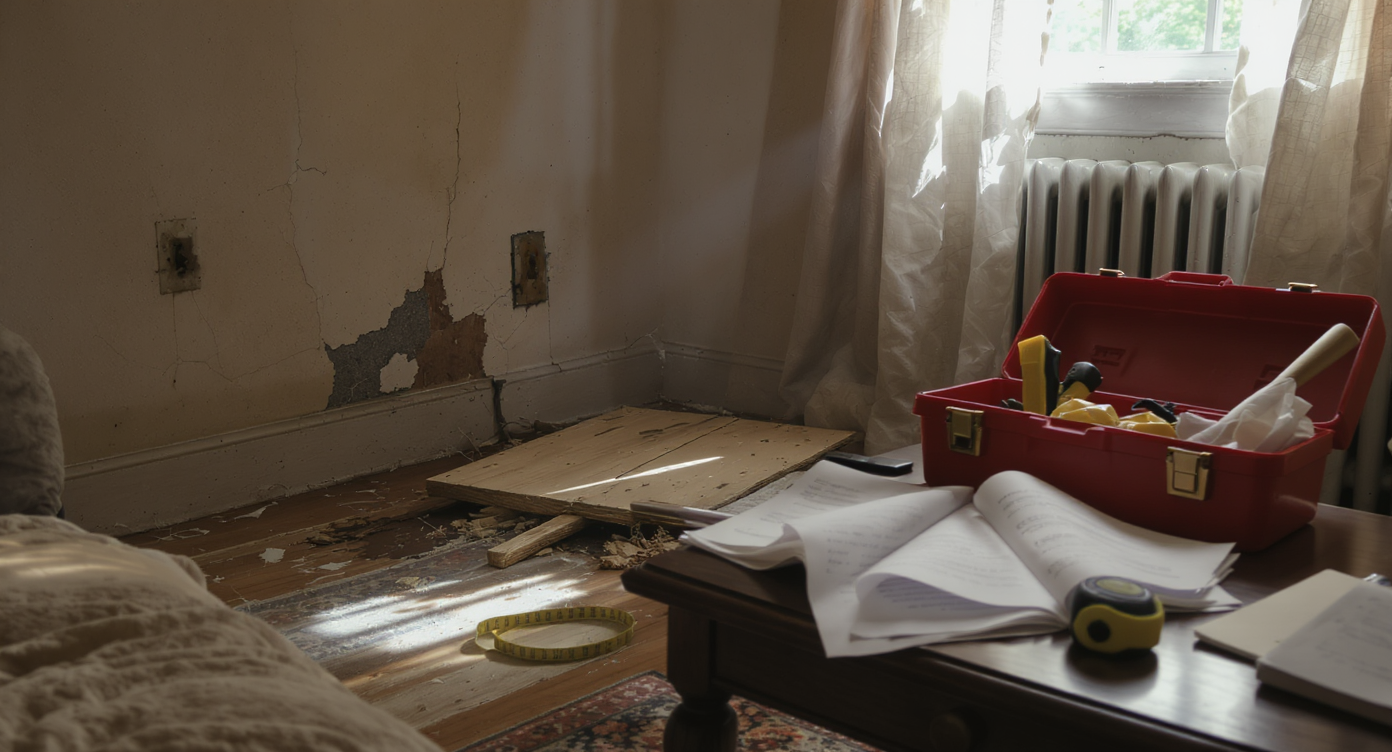A realistic living room in an older home shows inspection tools, an open report, exposed floorboard, and visible repair concerns—no people present.