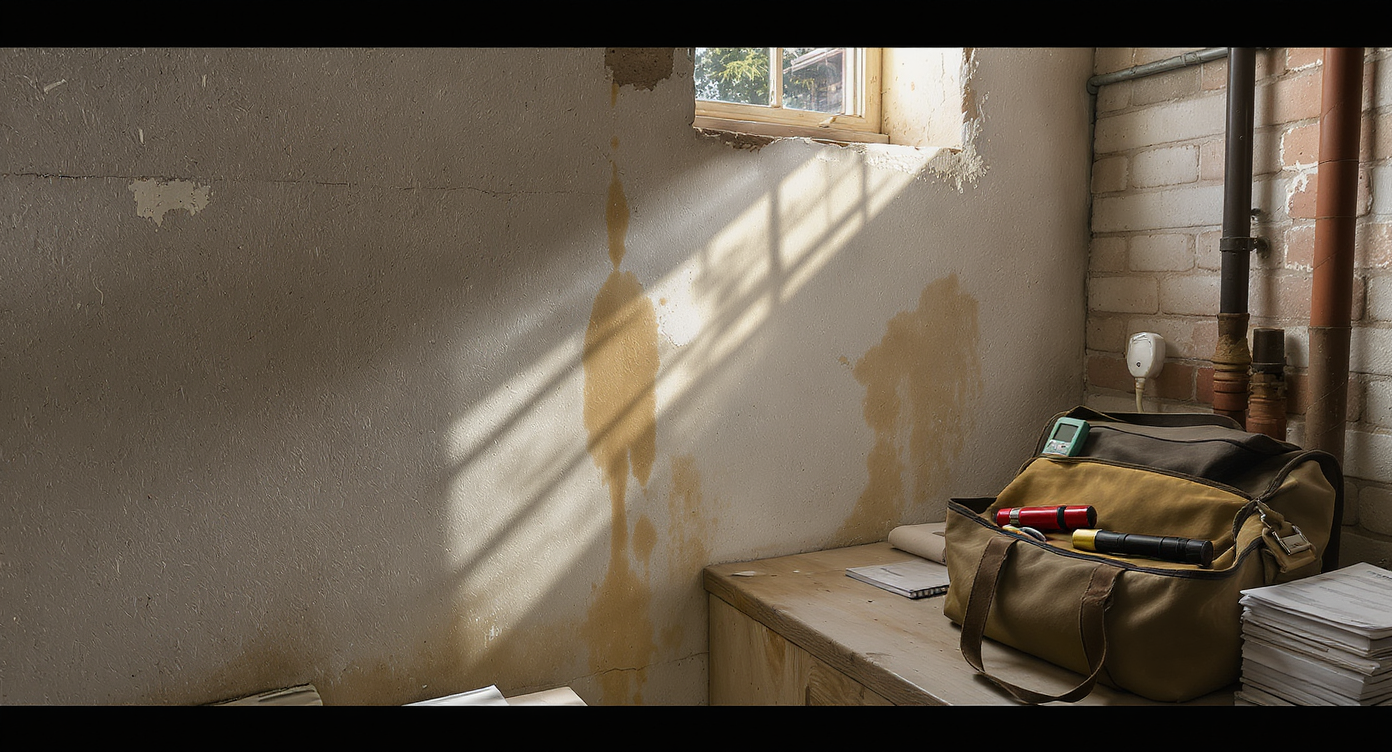 A realistic, unfinished basement shows faint wall moisture stains, an unused moisture meter, and an inspection report resting on a tool bag under natural light.