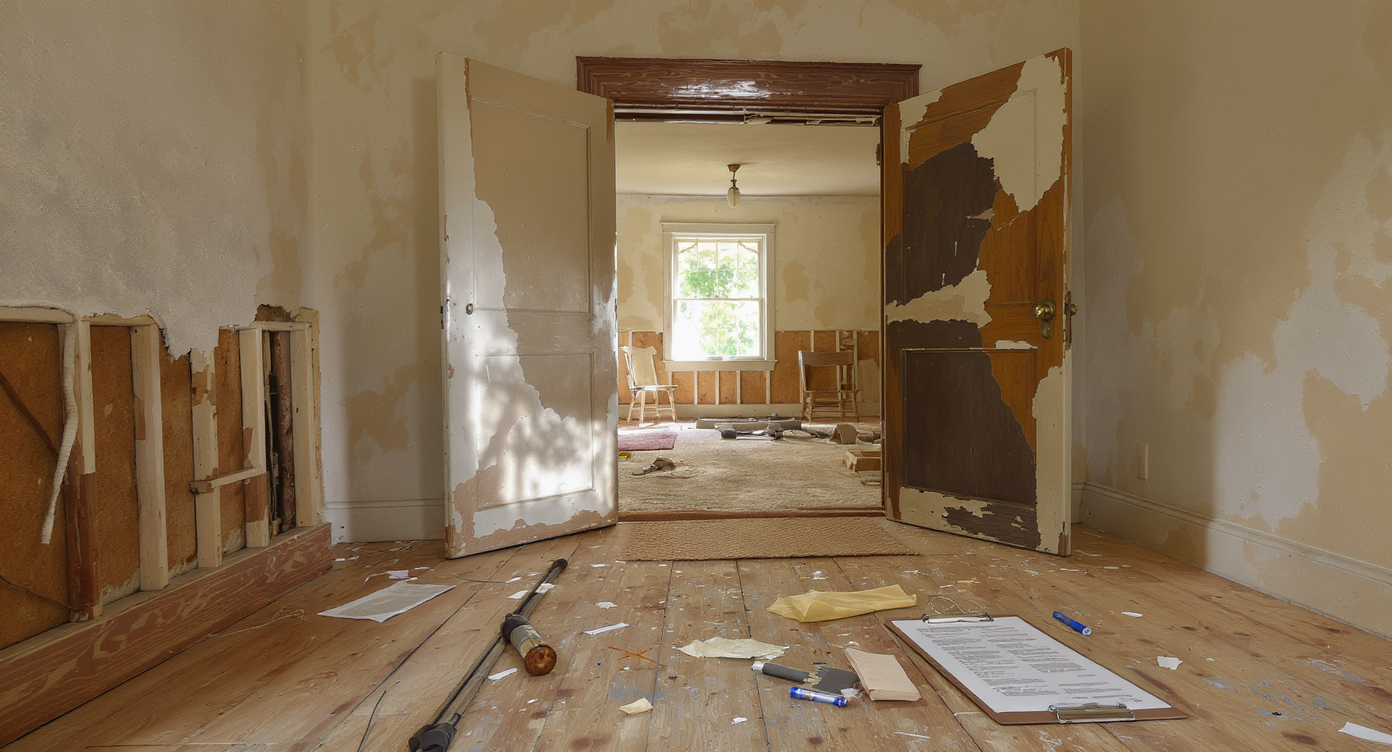 A realistic, sunlit living room in an old house, showing exposed floors, peeling paint, inspection tools, and signs of renovation in progress.