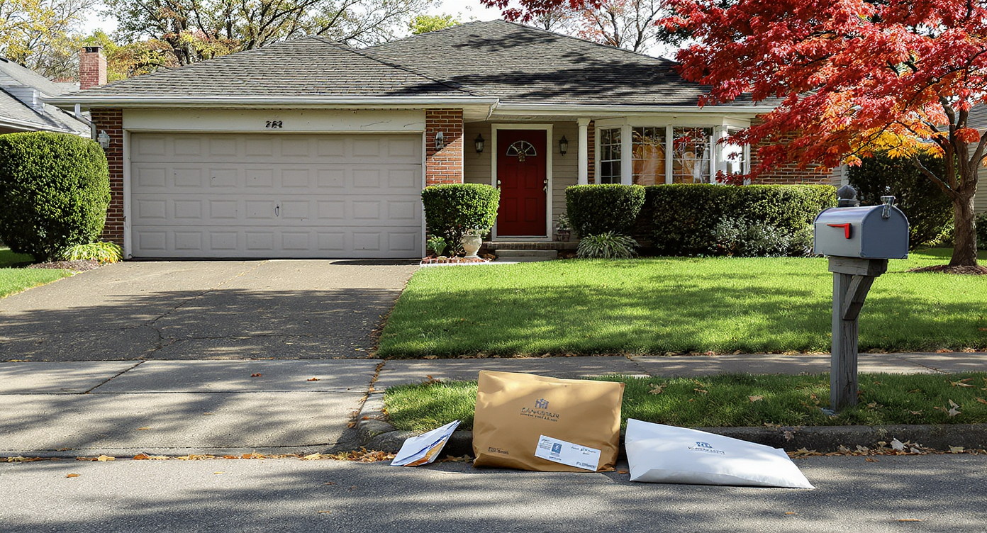 A streetview of a home with a worn roof, cracked driveway, peeling paint, and official envelopes from insurance and a lender placed at the curb.