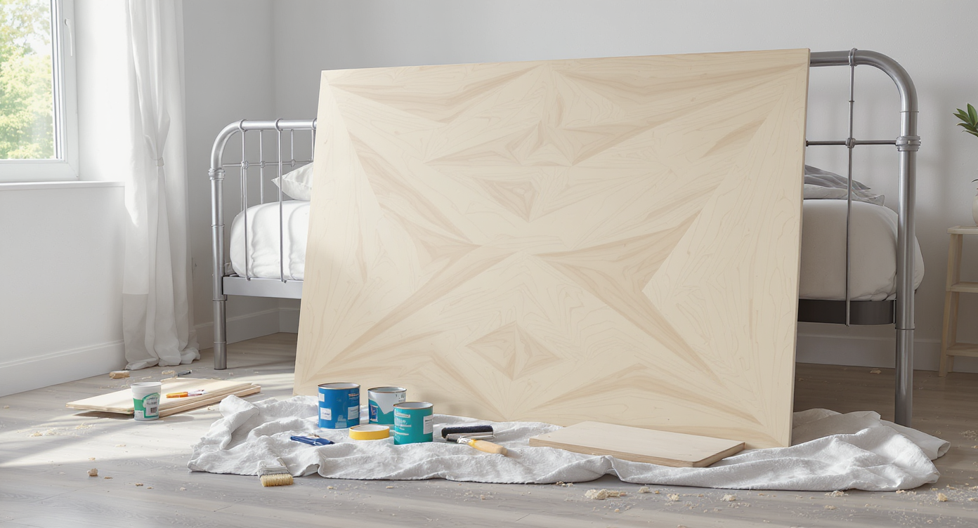 A nearly finished geometric plywood headboard with paint supplies, sandpaper, and tools, highlighting affordable DIY customization in a bright bedroom.