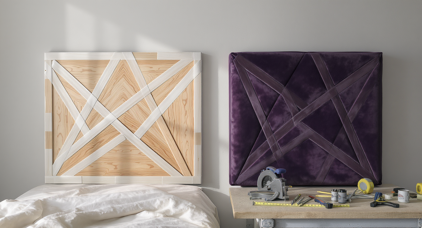 Side by side, a DIY geometric headboard with painter's tape and tools contrasts with a flawless pro-made headboard in a bright, tidy bedroom setup.