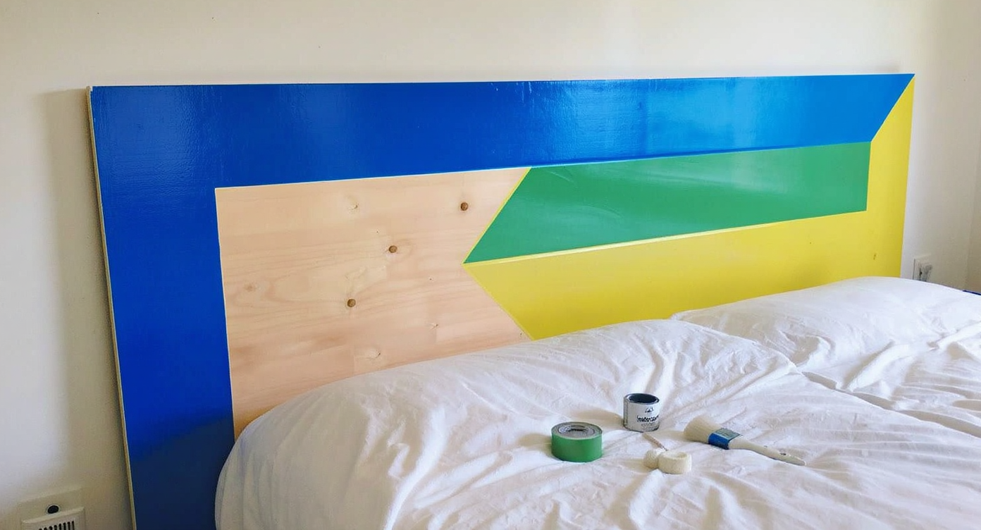 Photorealistic bedroom featuring a plywood geometric headboard with crisp, high-contrast painted shapes, painter’s tape, brushes, and paint cans nearby.