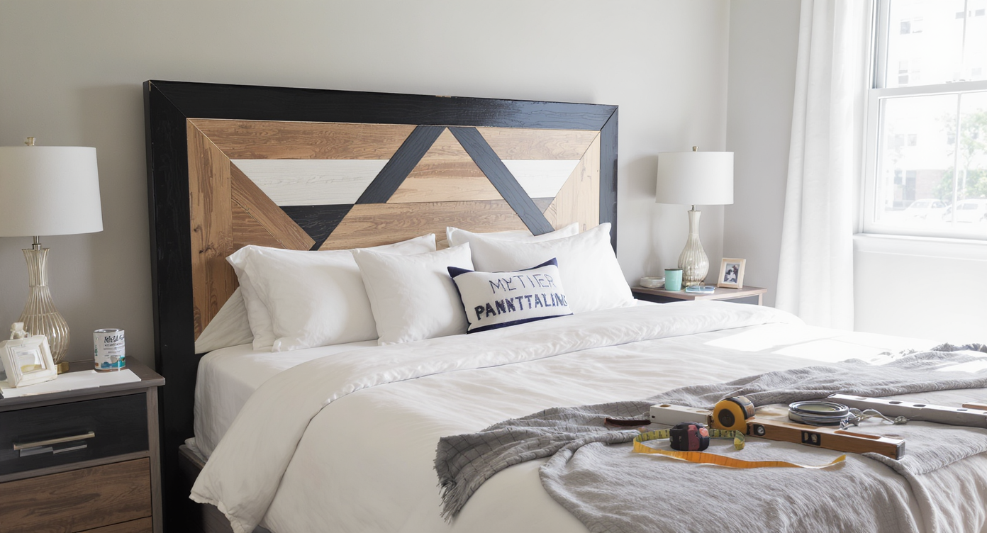 A DIY geometric headboard in bold colors stands out behind a bed, with painting tools and wood scraps nearby, in a sunlit, modern bedroom.