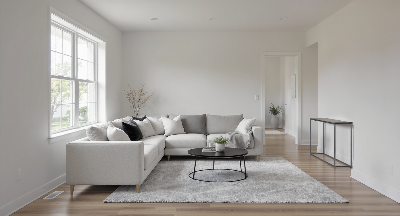 A realistic living room with a floating sofa, area rug, coffee table, and console table, arranged to define zones and prioritize daily function.