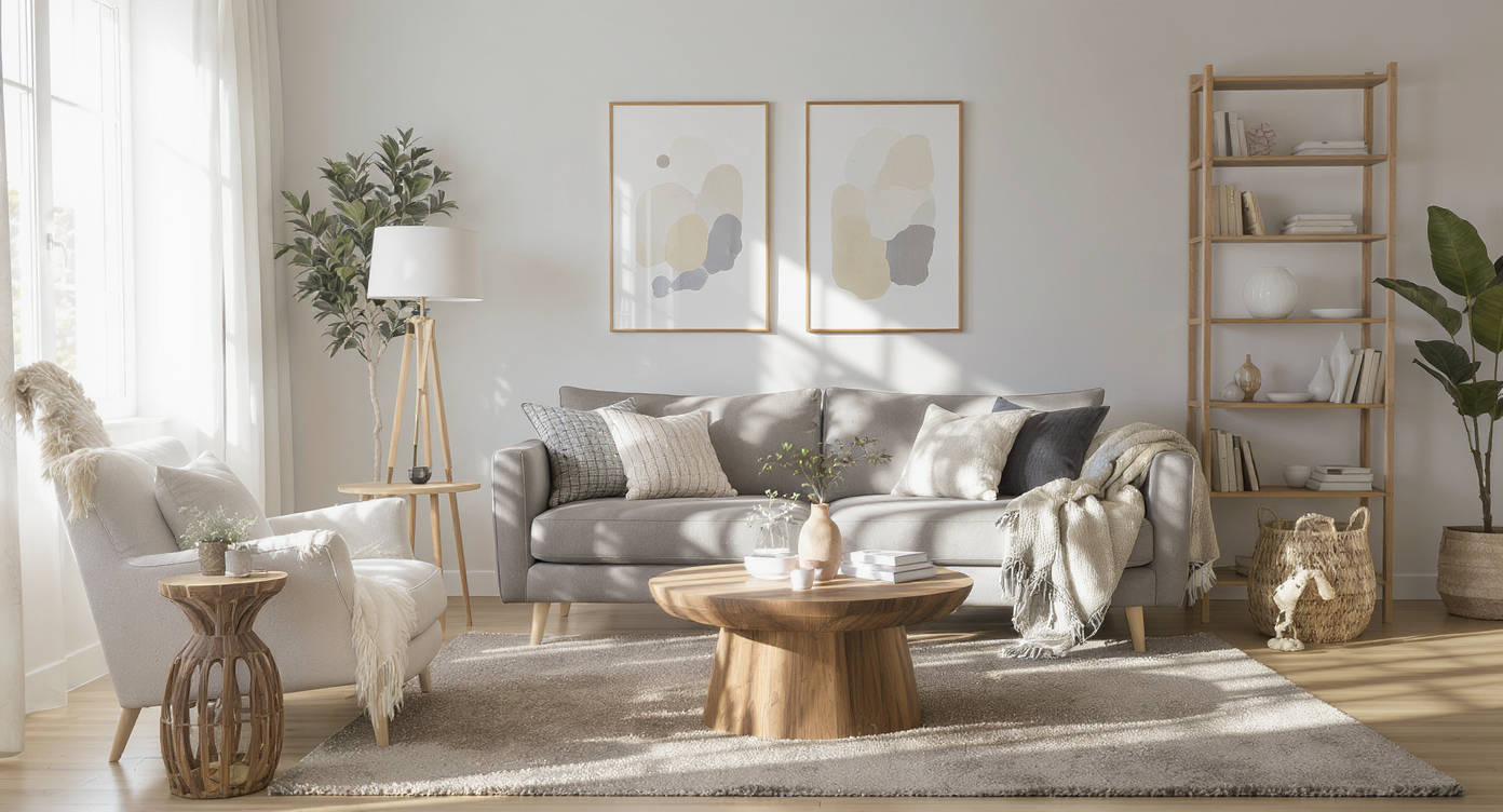 Living room with a quality sofa, simple thrifted side tables, a bookcase, and zone-defining area rug, showing gradual, thoughtful furnishing.