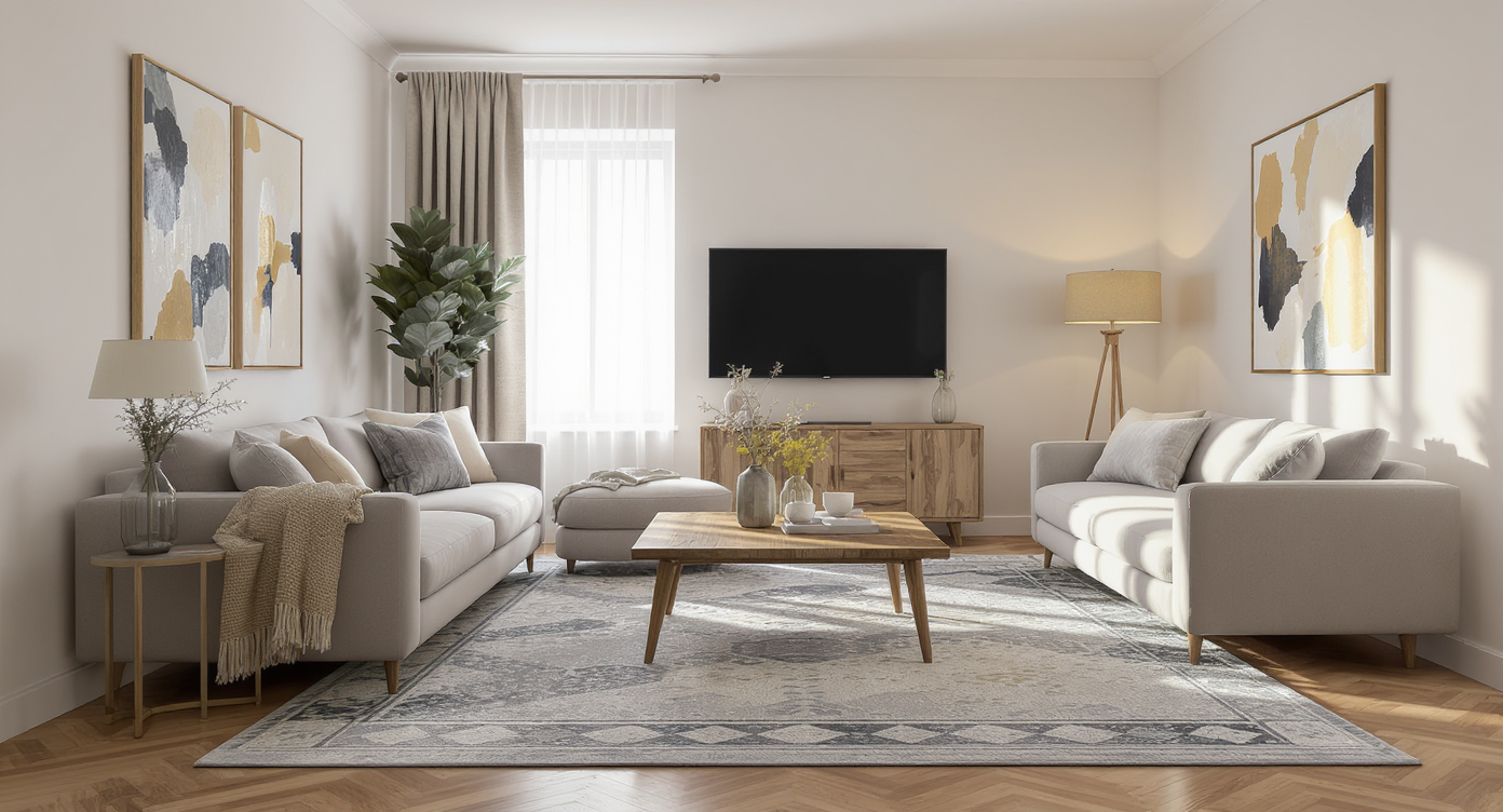 A bright living room with a large rug, sofa, armchair, curtains, low-mounted TV, reclaimed coffee table, plant, lamp, and new art.