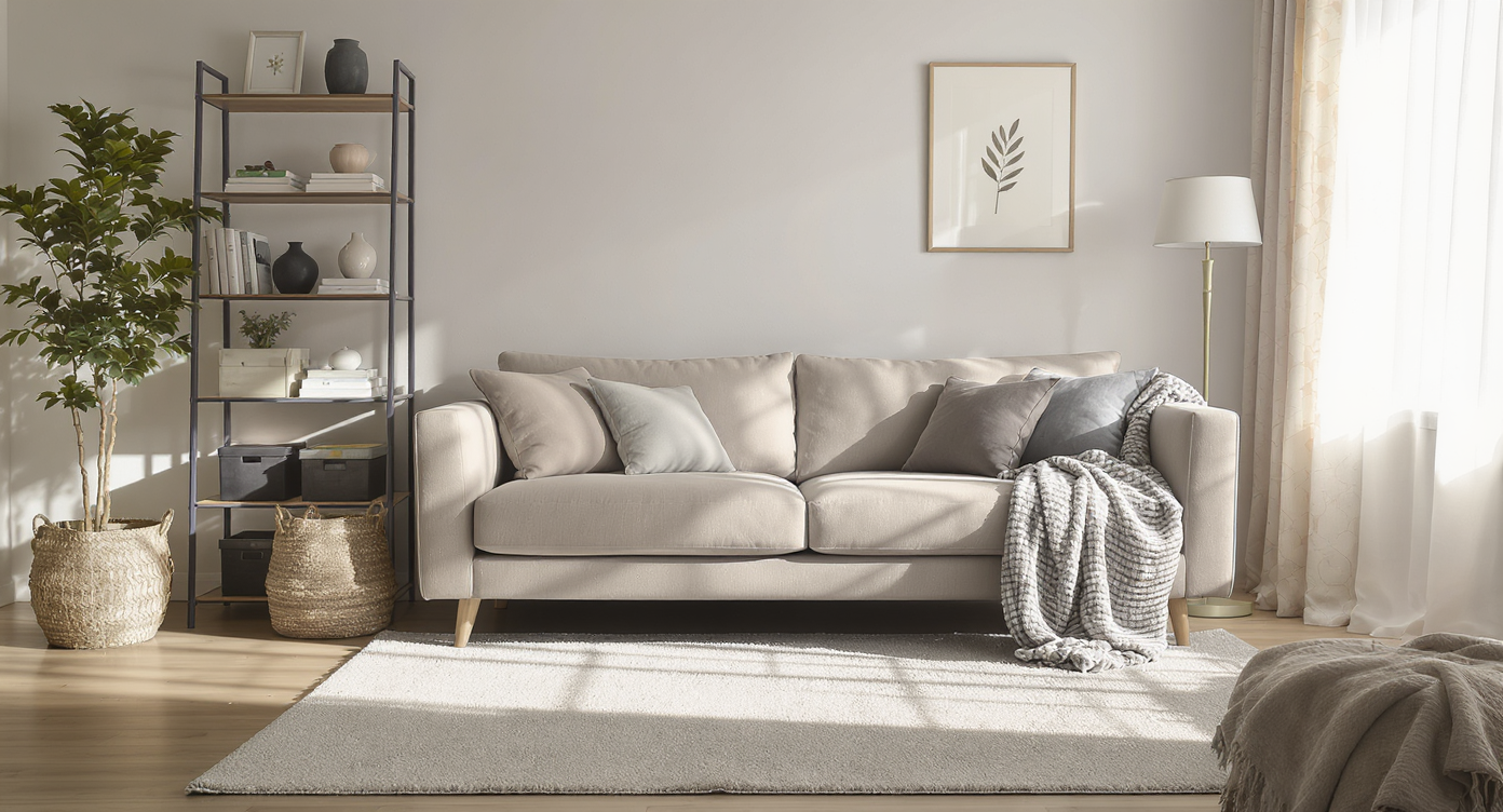 Photorealistic living room with a neutral sofa, textured rug, affordable accent decor, open layout, and subtle, cohesive pops of color.