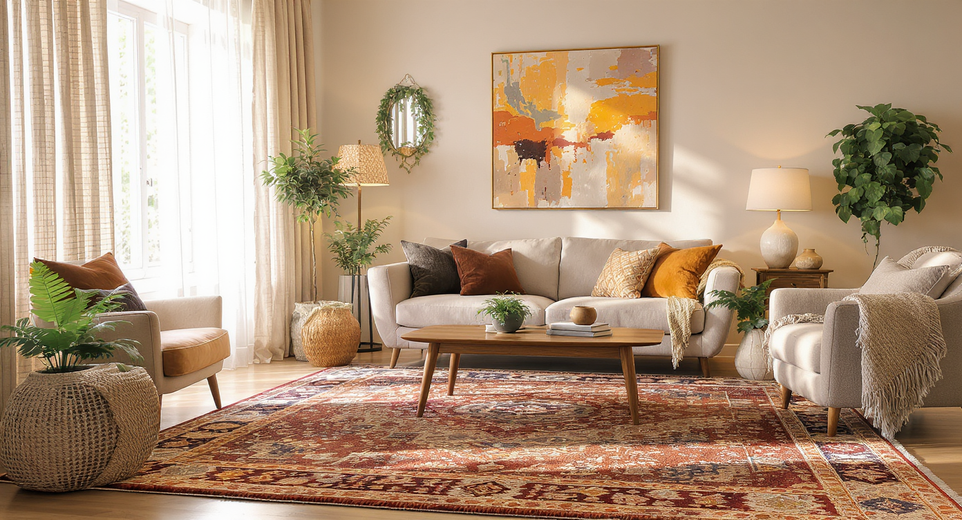 Inviting living room decorated with a large patterned rug, coordinating curtains and pillows, wall art, plants, and layered textures throughout.