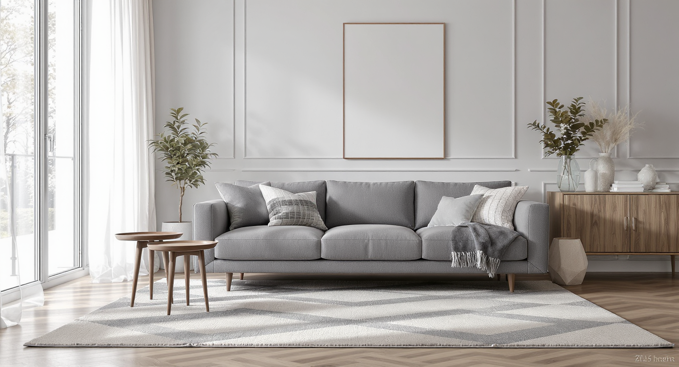 Contemporary living room with sofa, rug, ottoman, and two small side tables, open center free of a coffee table for easier movement.