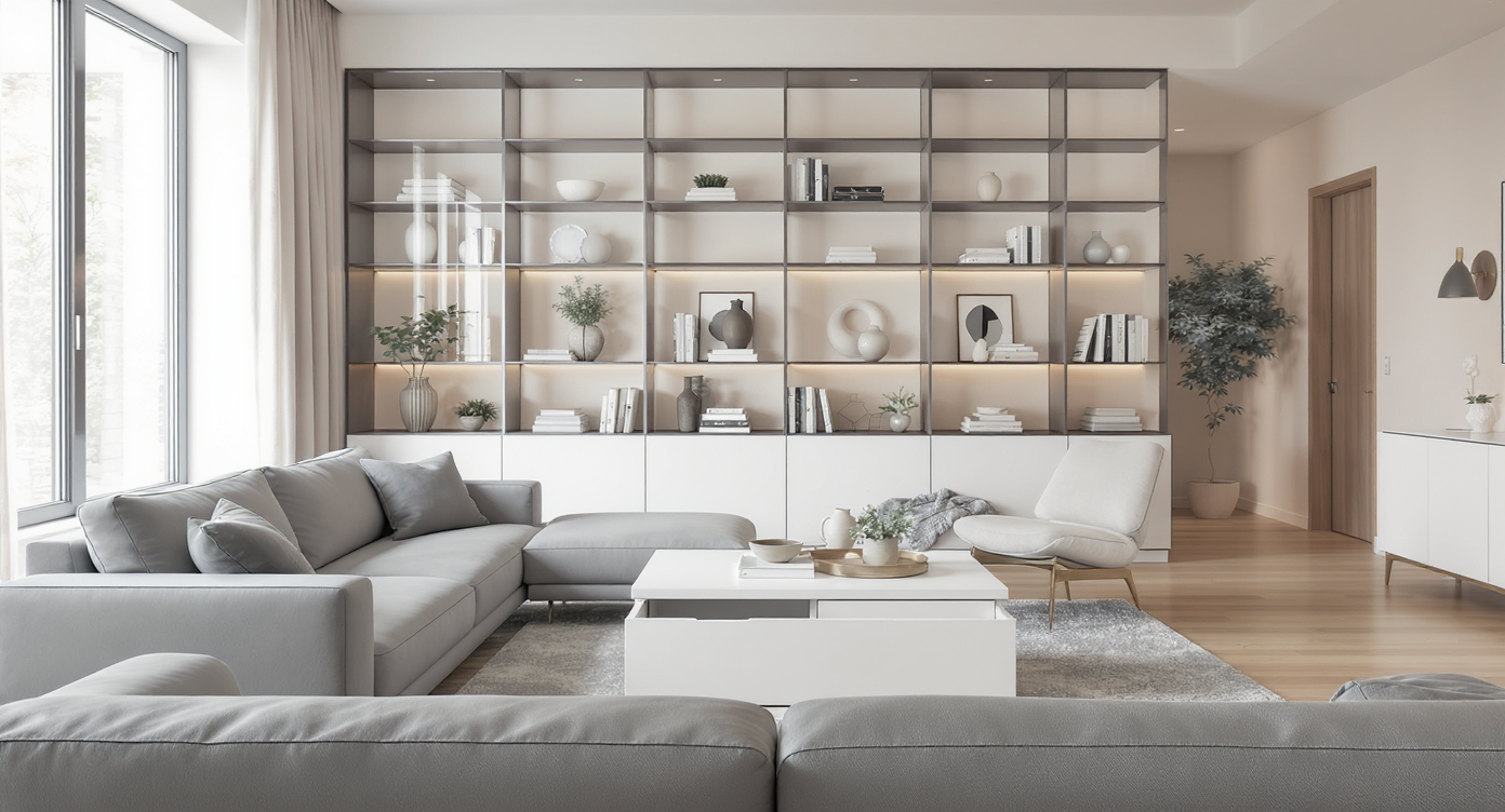 A spacious living room with a multifunctional storage bench, bookcase divider, and minimal furniture, showcasing organized, clutter-free design.