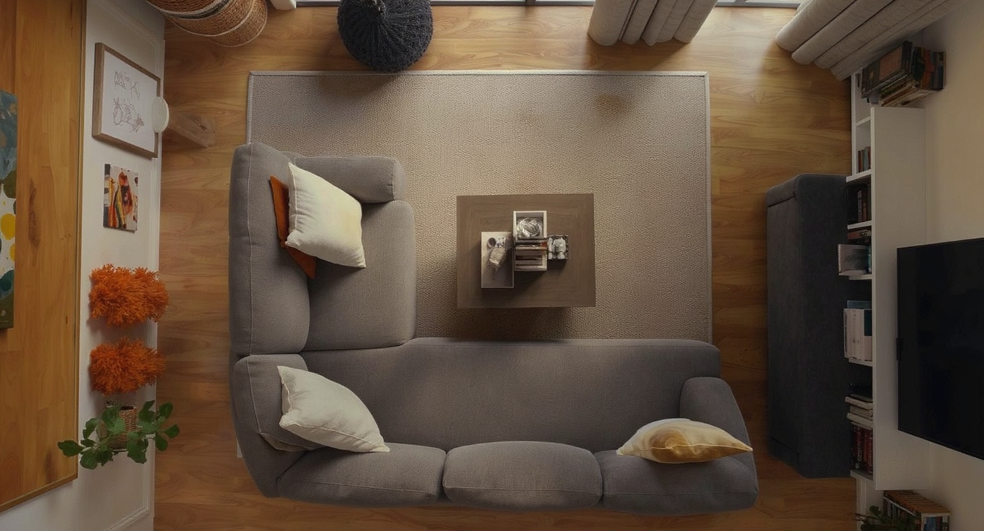 A spacious living room viewed from above, with all furniture arranged to leave wide, clear walkways between entry points and seating zones.