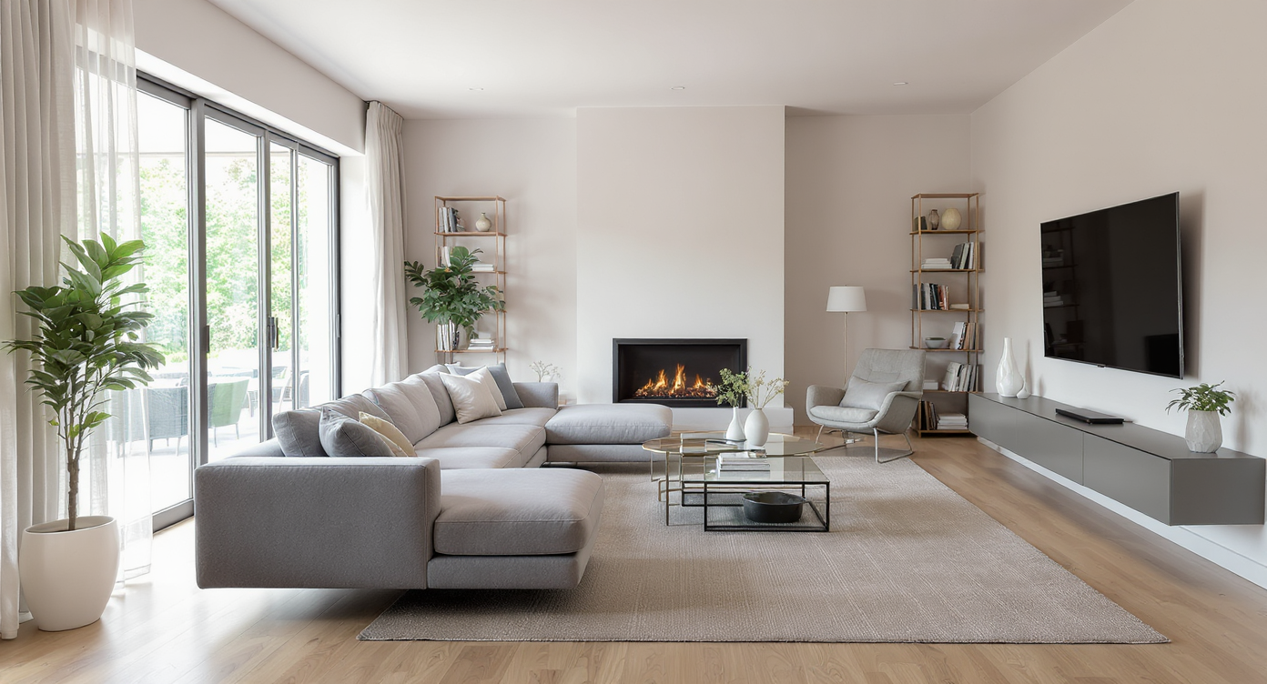 Photorealistic open-plan living room with floating, angled sofa, unobstructed fireplace, corner bookcase, and rotated furniture layout.