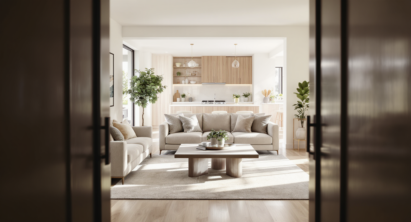 A realistic living room with a coffee table positioned in the main walkway, partially blocking movement between the entry and an open kitchen.