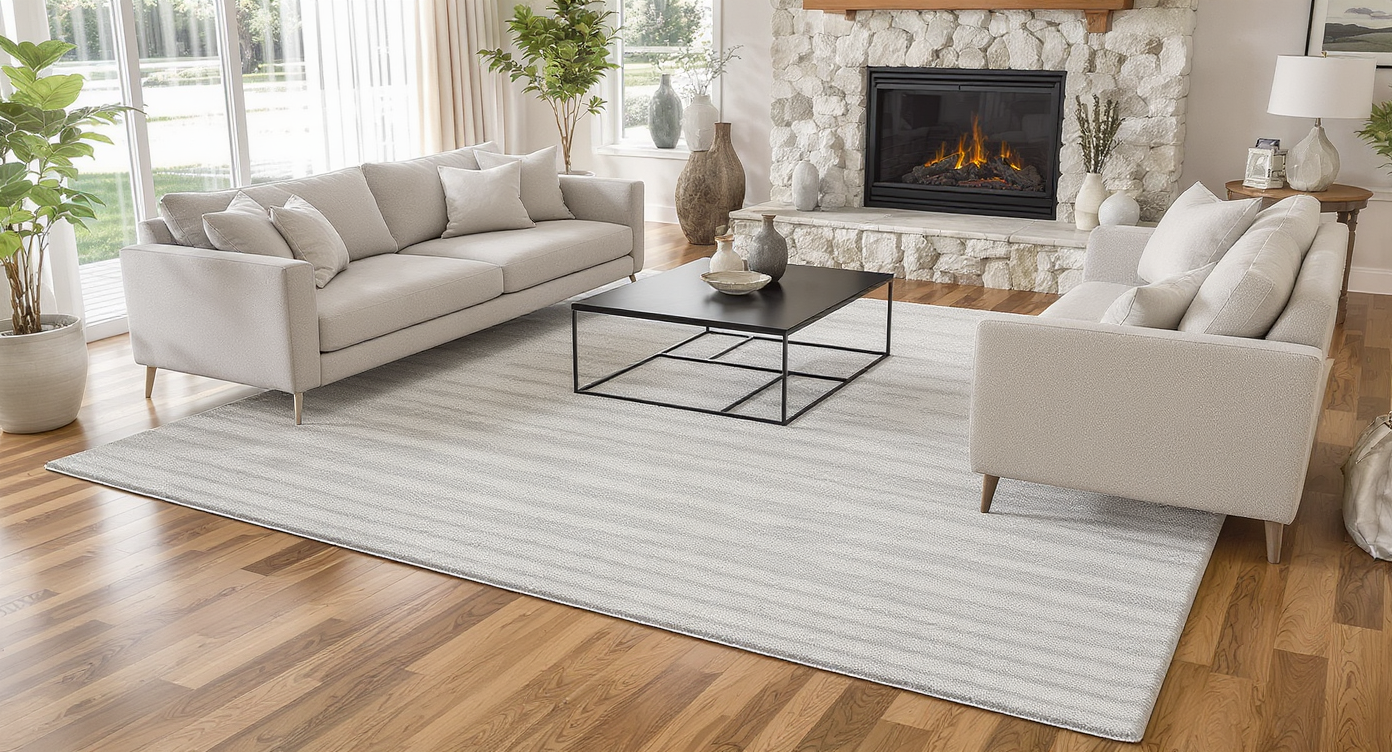 Photorealistic living room with area rugs zoning the seating area, furniture grouped on a rug, clear paths, and a visible fireplace hearth.
