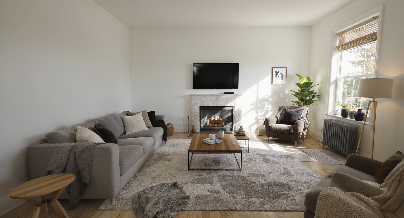 A realistic living room with mismatched furniture, a bare wall, and minimal decor conveying a flat, unfinished yet tidy space.