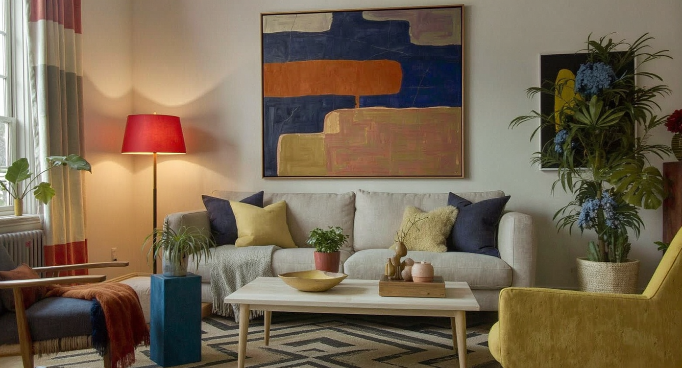 A neutral living room is enlivened with navy, mustard, and rust accents in pillows, throw, artwork, and decor, showing masterful color coordination.