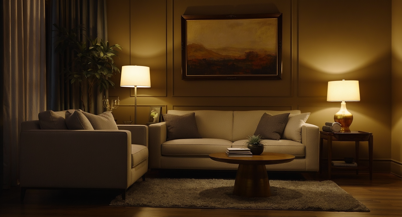 Layered lighting with floor lamp, table lamp, and picture light creates inviting mood in an earthy-toned, modern living room, ceiling light off.