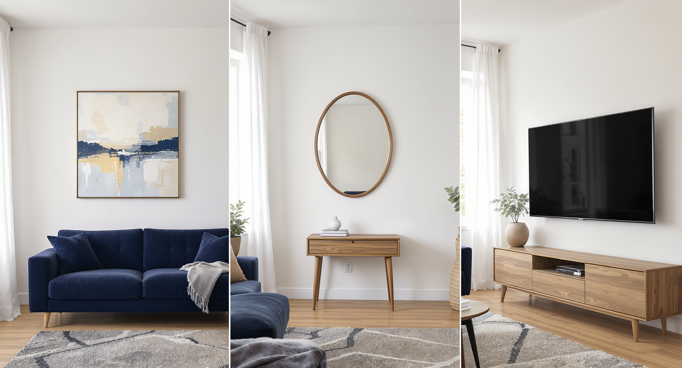 Three-part living room scene illustrating poor scale: tiny art over a large sofa, oversized mirror above small table, high TV above low console.