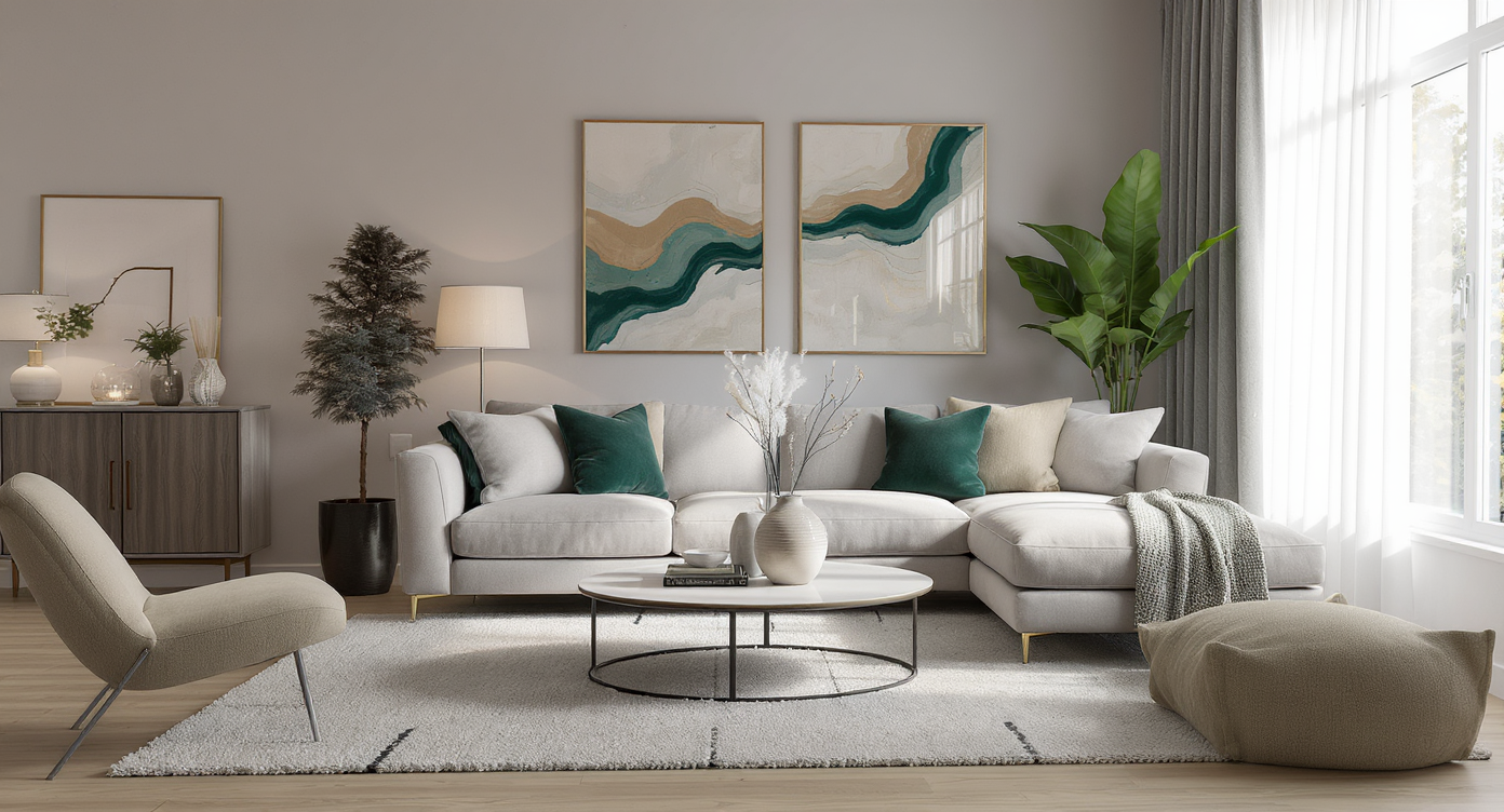 A photorealistic, modern living room with balanced furniture, layered lighting, bold accents, and natural daylight for a complete look.