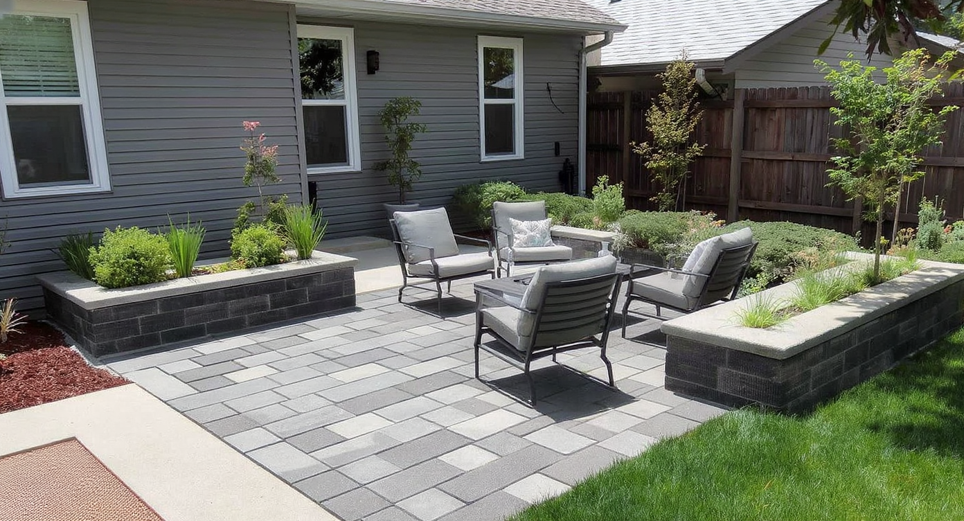 Ultra-realistic backyard patio with dark and light pavers, clean polymeric sand joints, matching planters, and sleek outdoor chairs in natural daylight.