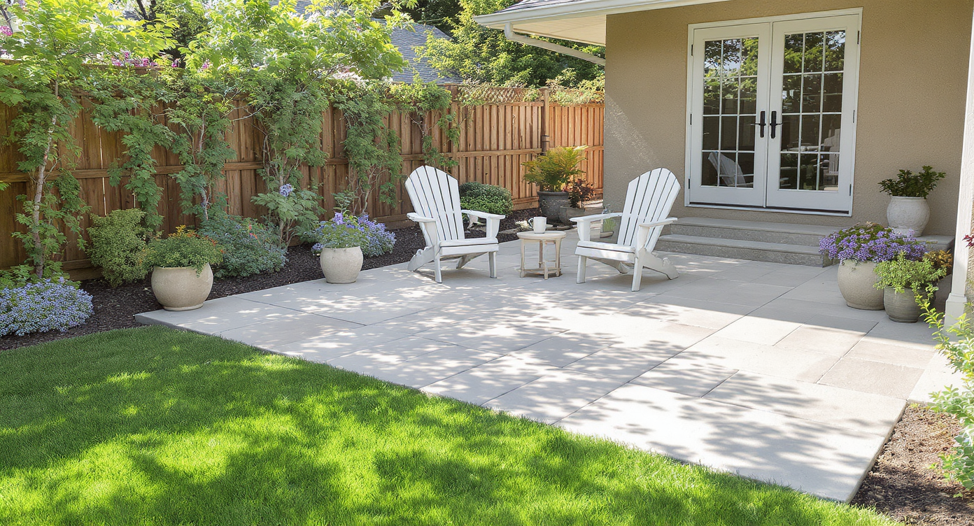 A newly completed backyard patio with smooth pavers, dappled sunlight, Adirondack chairs, coordinated planters, and lush new shrubs.