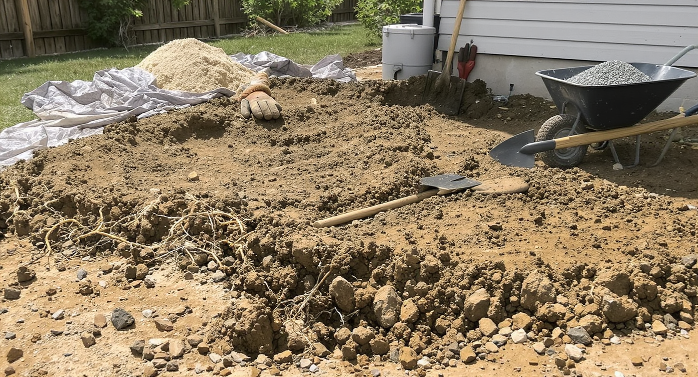 Close-up of a backyard patio project showing hand-excavated soil, roots, rocks, gravel piles, a shovel, and sand near a home, in natural light.