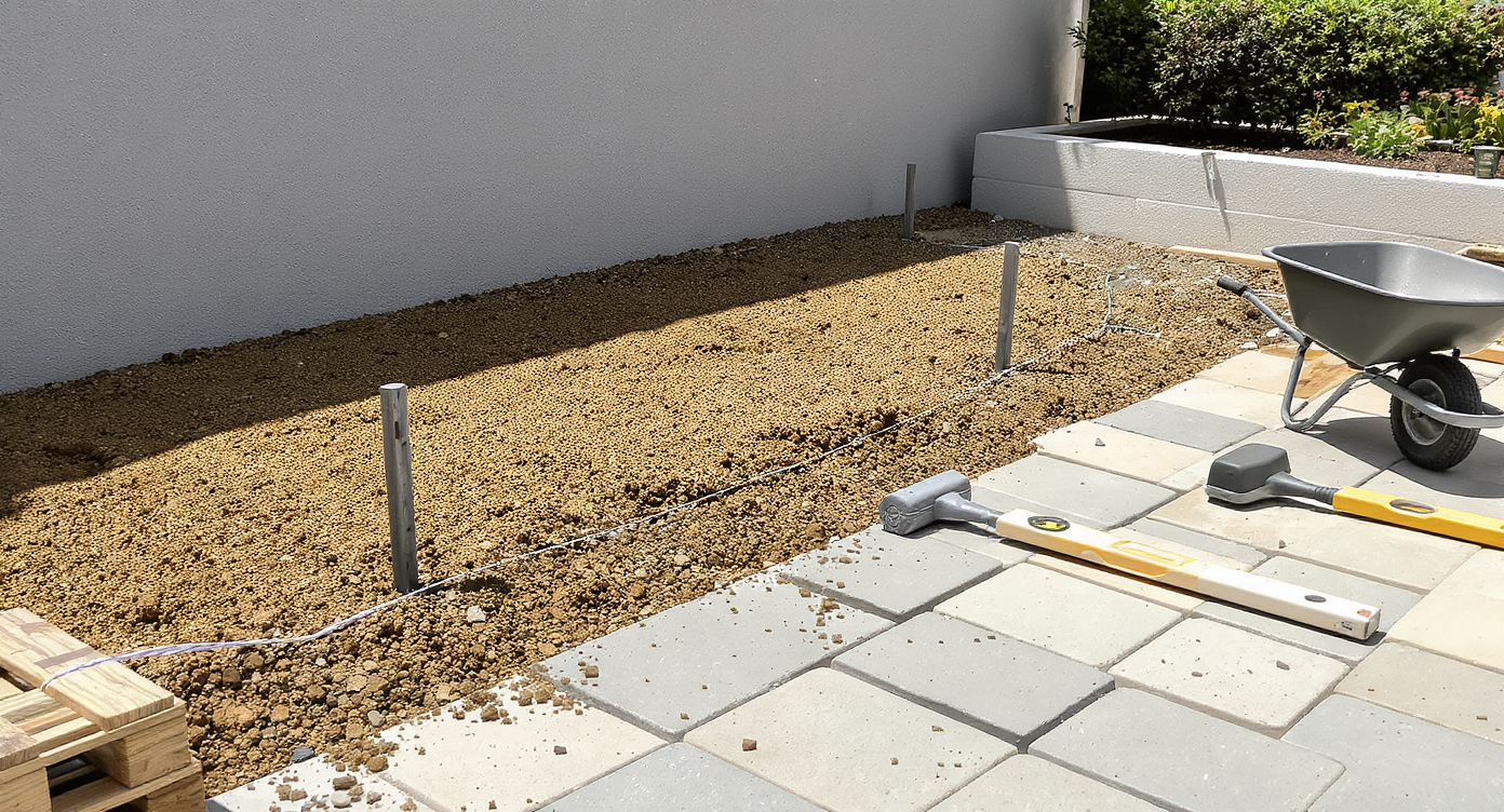 Compacted gravel base, string level marking patio slope, mixed-color pavers, freshly painted wall, and clean planter in a real backyard setup.