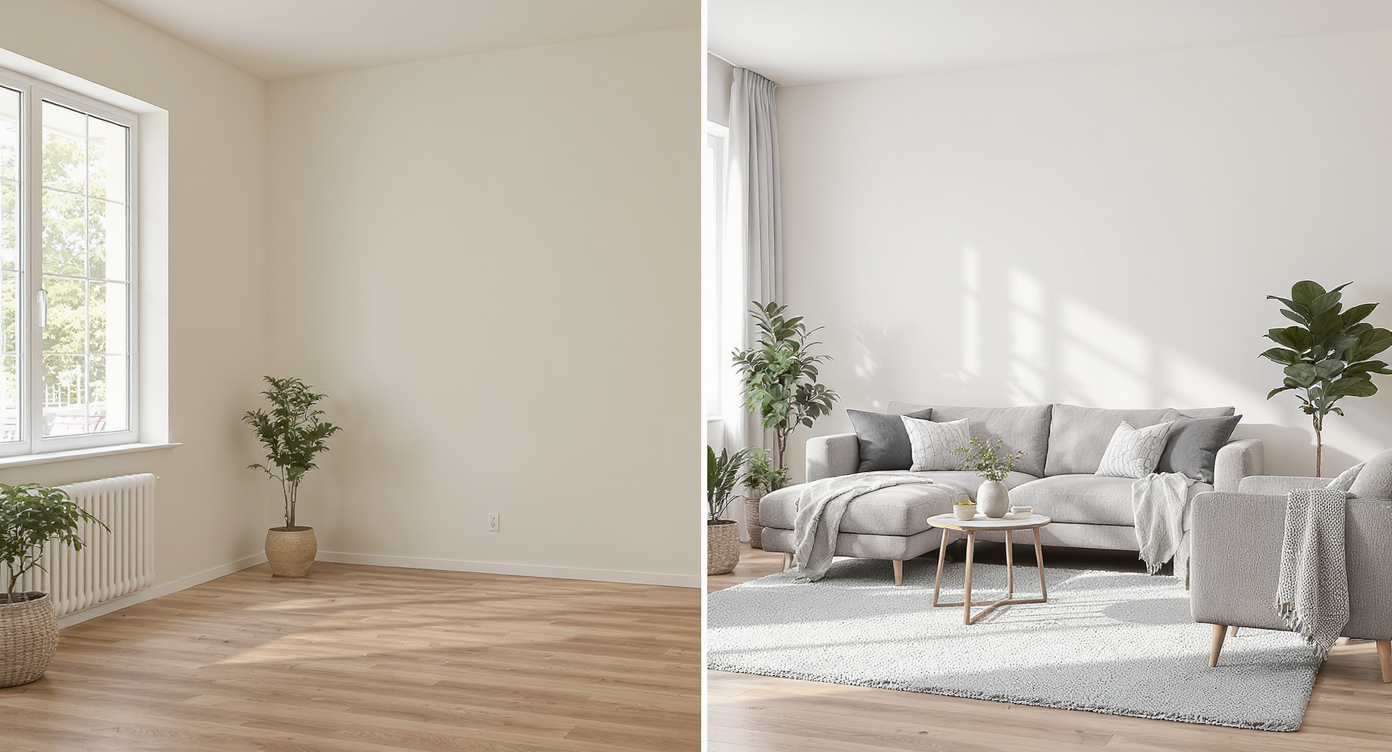 A modern rental living room split in half: one side empty and clean, the other side virtually staged with stylish furniture and decor, no people visible.