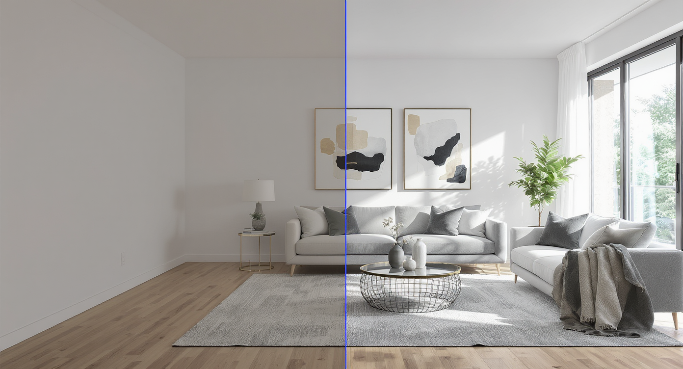 A split-view apartment living room shows one side empty and the other virtually staged with modern furnishings, highlighting the impact of digital staging.