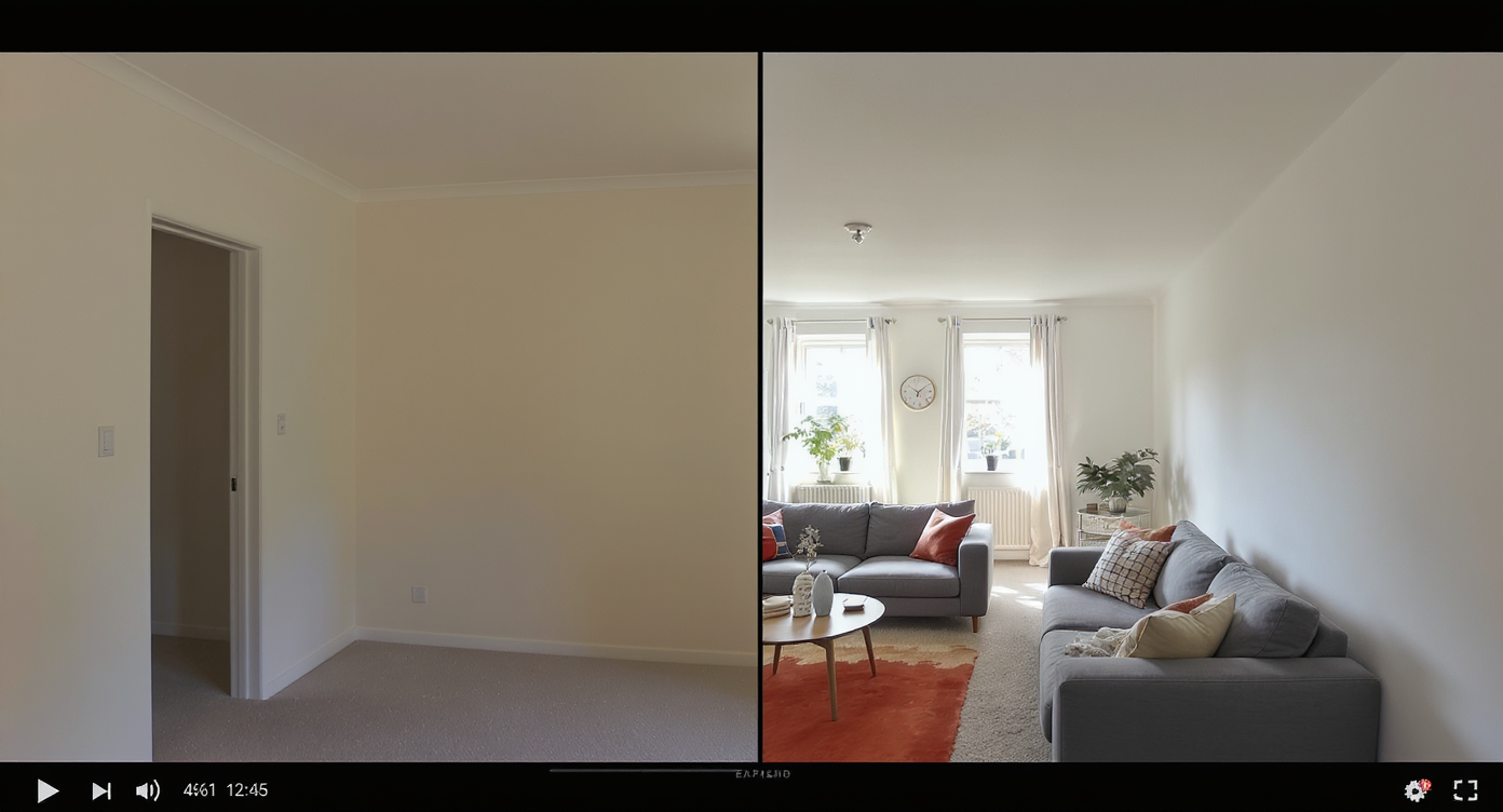 Side-by-side split of the same living room shown empty and with photorealistic virtual furnishings, highlighting careful staging workflow.