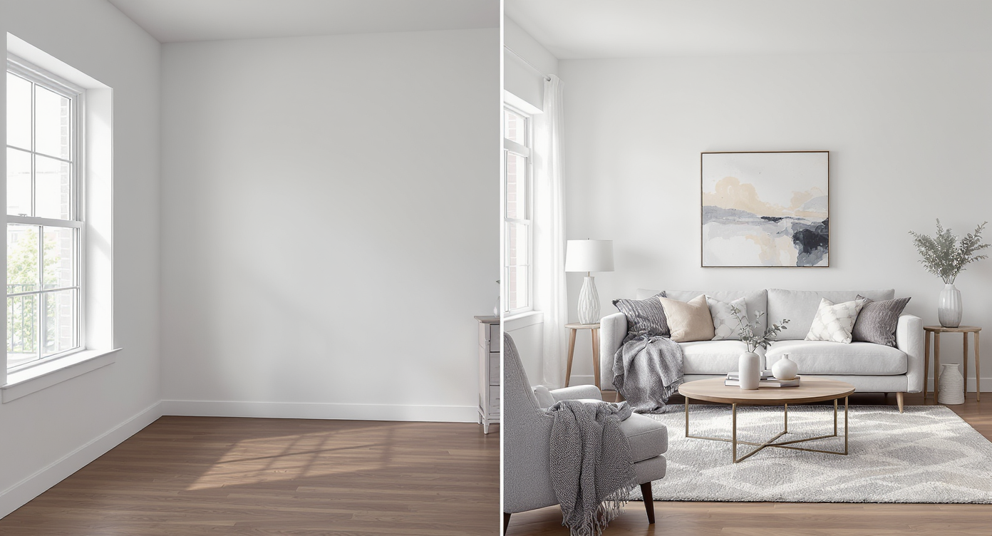 Split-screen image of the same rental living room: left half unfurnished, right half virtually staged with modern furniture and decor, realistic lighting.