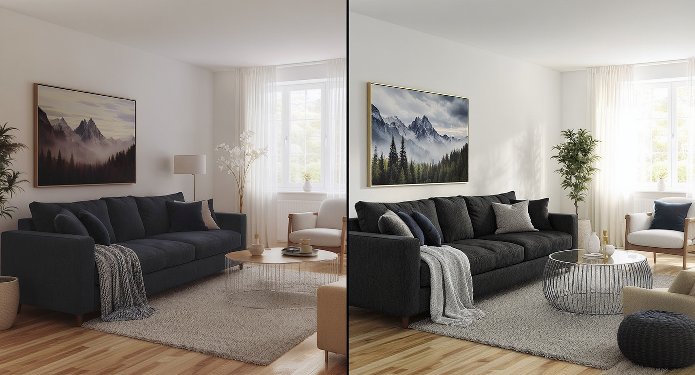 A modern living room shown split side-by-side: one half is expertly virtually staged with realistic furniture and lighting, the other poorly staged with pixelated, floating furnishings and mismatched textures.