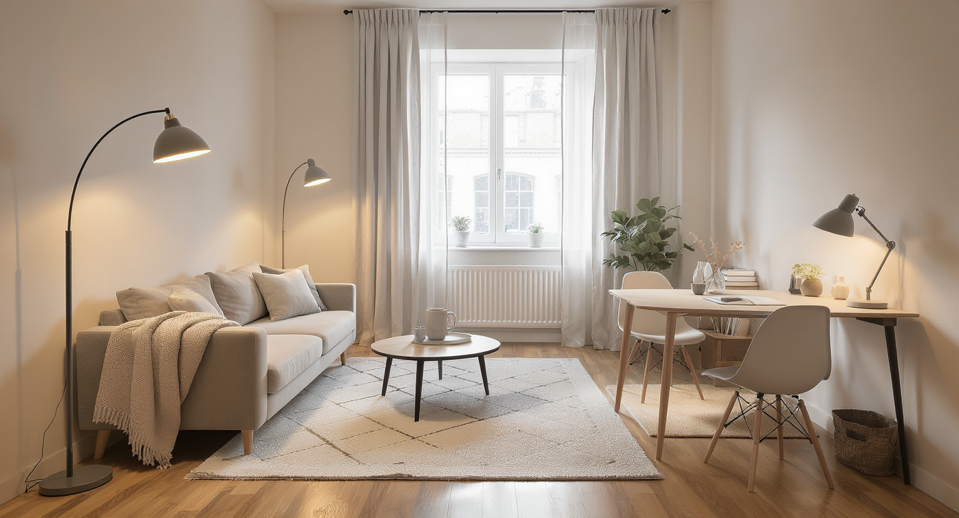 Photorealistic open-plan apartment with zones defined by rugs and adjustable lighting—plush rug for lounge, flatweave for dining, spotlights accenting each area.